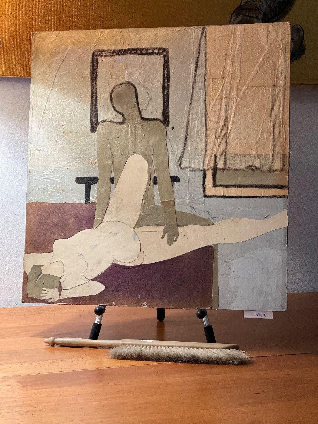 Two figures, oil, paper collage on Masonite