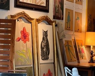 Paintings, lamp, large carved gold frames (pair)