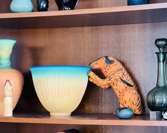 Vase and Bowl by Natalie Blake Studios, folk art animal carving