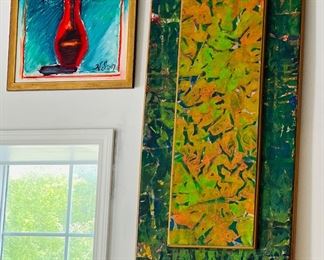 Framed painting on canvas, Amarylis, and 10' x 2' framed fabric construction. (Fabric was sponged & folded to create the unique piece)