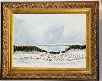 Large scale painting, Snow scene, Northern Michigan. Beautiful gold leaf frame