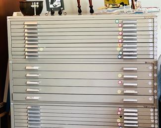 Plan Hold steel Flat files - Blueprint drawers. Size: 54" x 42". Components can be sold separately and consist of Base, 3 individual draw units, and a top. Well cared for & functions well.