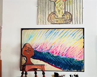 Oil stick on board (top), Oil on canvas, art supplies,  furniture