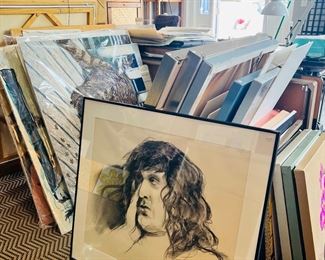 Gallery is filled with art including this beautiful charcoal drawing on paper, framed.