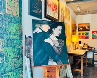 Gallery furniture for sale including
Vintage Architects table with steel braves and drawer (96” x 36” x 39”), Custom made Easel, Steel Easel for Studio painting, ArtDeco Console Table, Book Shelves, and more!