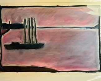 Detroit River scene. From the Belle Isle series: Oil stick and other media on paper. Circa 1970s 