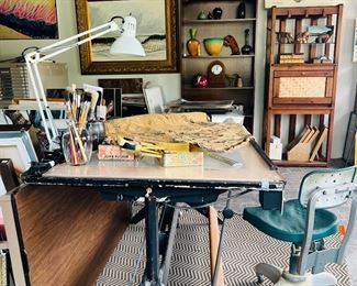 Drafting table, drafting lamp, chair, etc