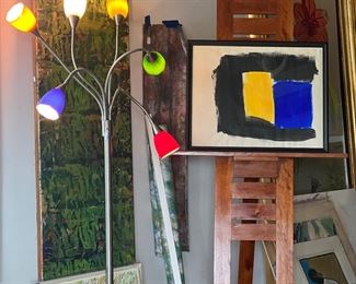 Vintage 6-headed multi colored lamp, huge fabric panel stretched, hand crafted wooden easel, MidMod original watercolor.