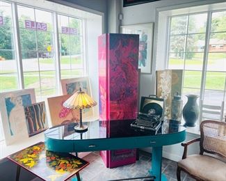 Hand painted folding screen, Art Deco desk/console table with drawers and glass top, vintage typewriter with French/Spanish/German special characters, large scale ceramics, antique chairs, and more.