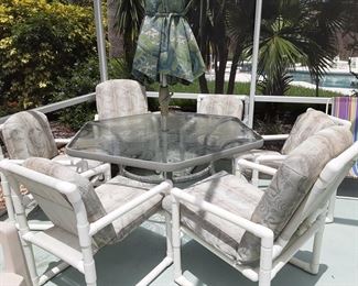 PVC 6 Chairs & Etched Glass Table. Umbrella sold separately