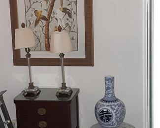 Accent Table with 2 antique lamps. Antique Marble top accent table. Asian Vase (blue & white) Artwork