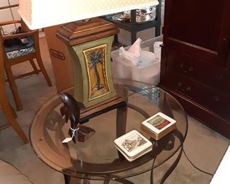 Metal Base with Glass Top End Table (2 Available) Palm Tree Lamp (2 available) solid wood Carved Dolphin, Coasters