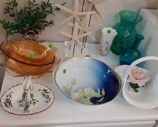 Carnival Glass, Milk Glass Basket, Starfish Decoration