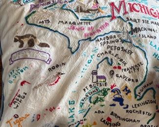 Vintage State of Michigan hand embroidered pillow 