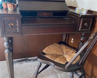 ANtique desk and rush seated chair 