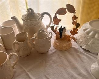 Westmoreland and pottery, plus a vintage Bride and Groom cake topper 