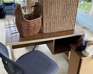 office chair, metal desk, wicker basket