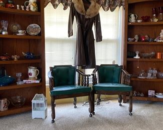 Four solid maple castored game table chairs( they have a green vinyl seat but could be redone even painted and they would be awesome!!