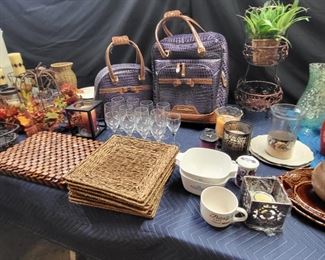 Home decor, Purple Carry on Luggage Set, 2- 8pc Plate Chargers, Platters, Corning Ware Side Dishes, Stemware, baskets, decor