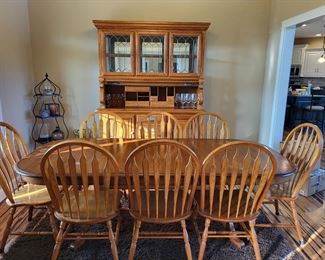Dining Table and Chairs, Solid Oak with dark grain, sold as set with China Hutch with Rolldown