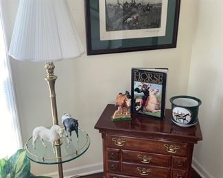 Side Table, floor lamp, Breyer Horses, Hunt Scene Prints 