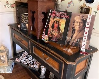 Side table, console table, books, American Indian