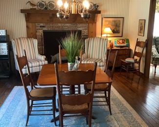 Antique, drop leaf table, 6 matching chairs, area rug, queen Ann arm chairs