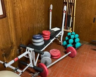 Exercise equipment,  free weights, weight bench 
