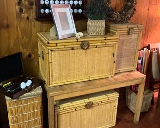 Wicker baskets, tables, decor