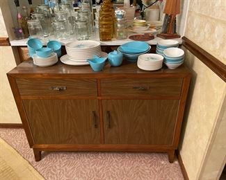 Custom made mid century buffet table with mid century Florence Prolon Melamine dinnerware
