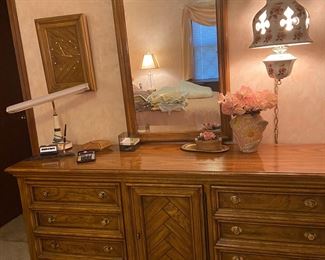 Mid 70’s style bedroom set - includes bed with mattress, dresser with mirror, chest and nightstand. CHECK OUT THAT HANGING LAMP!!!!