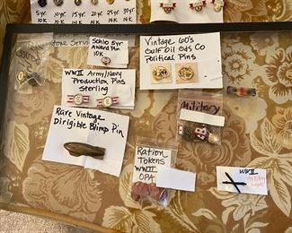 Military pins and Firestone service pins (gold), Sohio pins