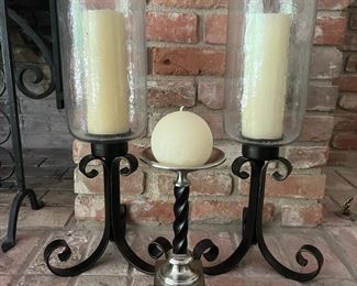 2 Iron Base Hurricane Candleholders And 1 Twisted Base Candleholder