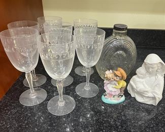 Lot Includes Set Of 6 Crystal Glasses George W Bottle Religious Figure And Figurine