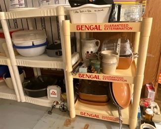 plastic items, pitcher, copper pans & skillet, coffee pot/parts