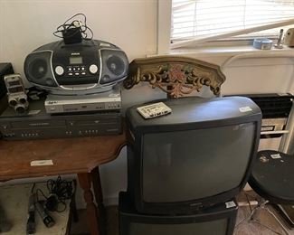 TV’s, boom box, shelf, small folding stool 