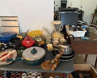 Miscellaneous cups, blender, pans & skillets, dishes & more