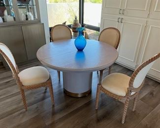 Round Dining Table with Two Leaves ~ Upholstered Dining Chairs