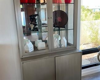 Lighted/Mirrored Gray Cabinet with Glass Doors