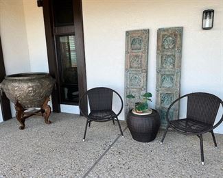 Pr. Carved Verdigris Wood Panels ~Lg. Pot on Metal Stand