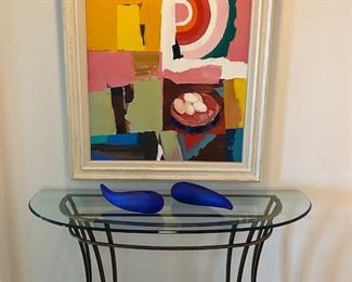 Modern Abstract by Nickola Simbari ~ Metal with Glass Top Demi-Lune Table ~ Daum Candleholders 