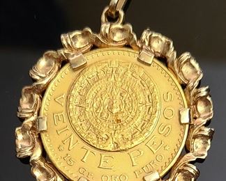 1959 Mexican $20 gold coin set in a 14k yellow gold setting.