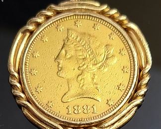 1881 Liberty $10 gold coin set in a 14k yellow gold setting.