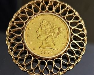 1879 Liberty gold coin set in a 14k yellow gold setting