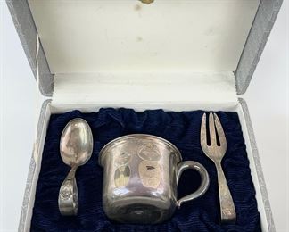 70 Grams Fine 950 Silver Etched Baby Cup, Fork, Spoon Set
