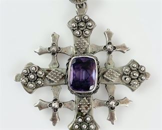 48 Grams Fine 800 Silver Jerusalem Gothic Cross Purple Amethyst Pendant
