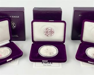 3 1986-S, 1991-S U.S. American Eagle 99.9% Silver Coins W/ Certificate Of Authenticity

