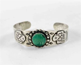 Fine Native American Navajo Sterling Silver Turquoise Cuff Bracelet
