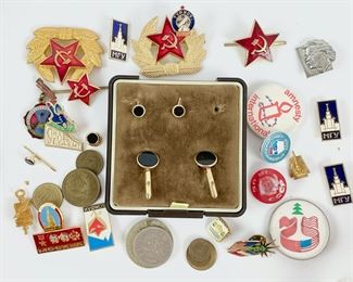 Vintage Soviet Star Hammer & Sickle Pins, Militaria USSR Pins, Cuff Links, & International Coins
