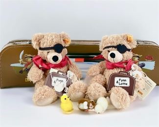 2 Steiff Mohair Flynn Pirate Teddy Bears In Lunch Boxes & Small Ducklings & Bunny

